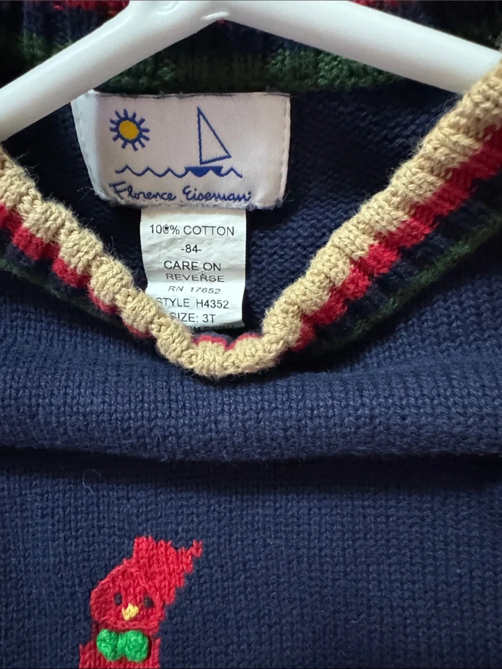 Florence Eiseman Navy Crewneck Moose Sweater with Red Cardinal